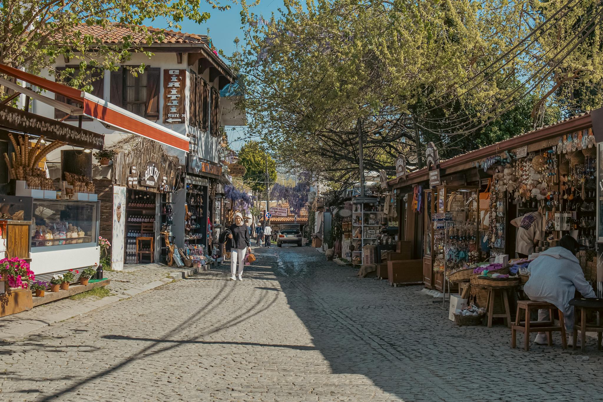 Discover the quaint charm of Şirince village with cobblestone streets and vibrant shops in Turkey.